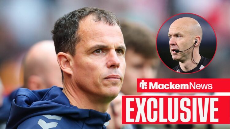 Regis Le Bris looks concerned as referee Anthony Taylor officiates a game (inset)