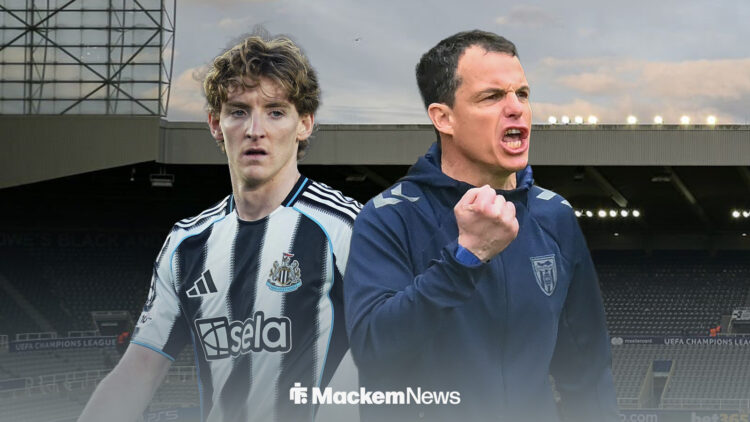 Anthony Gordon looks dejected playing for Newcastle alongside Regis Le Bris fist pumping in celebration, with a St James' Park backdrop