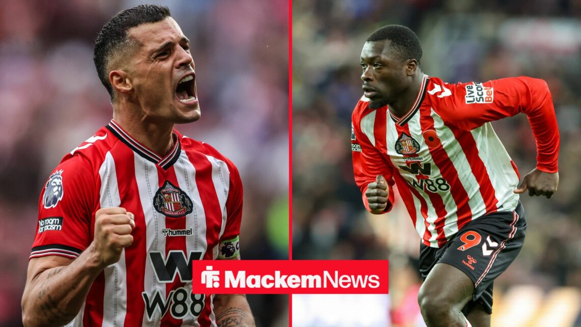 A 50-50 split image of Granit Xhaka and Brian Brobbey in action for Sunderland.